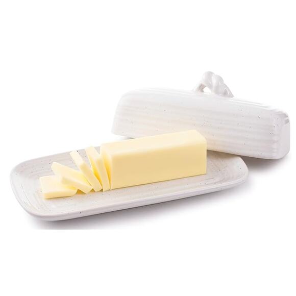 Ceramic Butter Dish w Handle- Avalon White w/Blue Speck - Picture 3 of 4